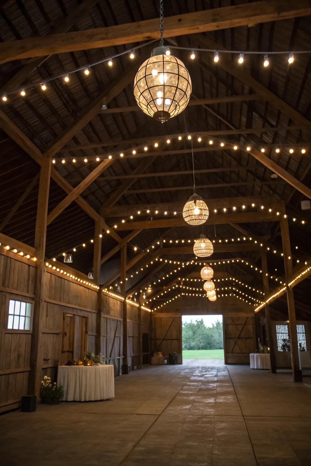 Stunning illumination inside a pole barn, featuring pendant fixtures and ambient lights.