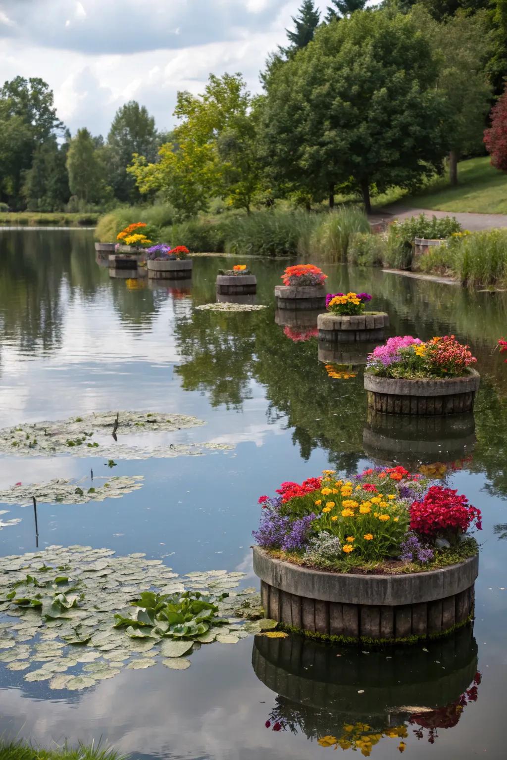 Floating planters lending an exceptional touch to a gorgeous pond, creating an aquatic ballet.