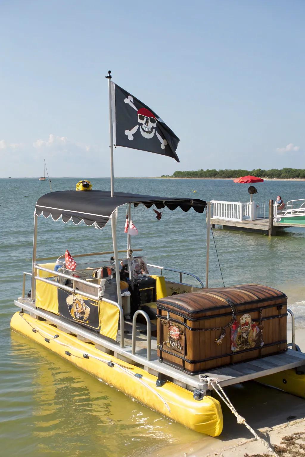 A buccaneer-themed pontoon boat geared up for expedition with banners and treasure.