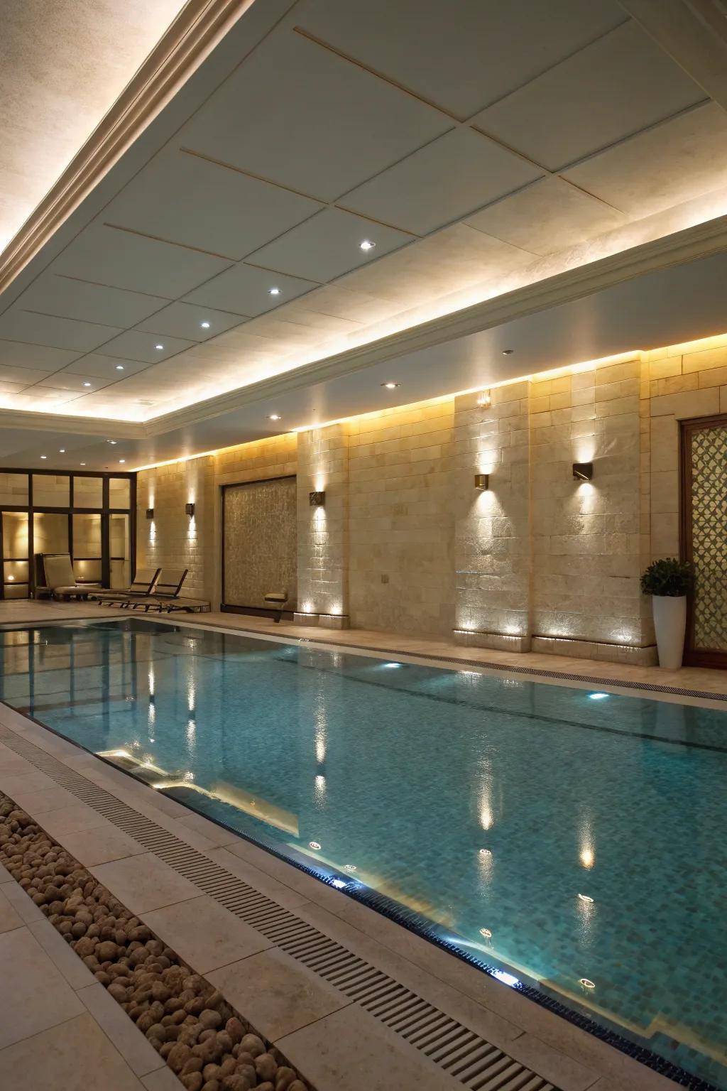 Under-cap lighting complements understated elegance to poolside walls.