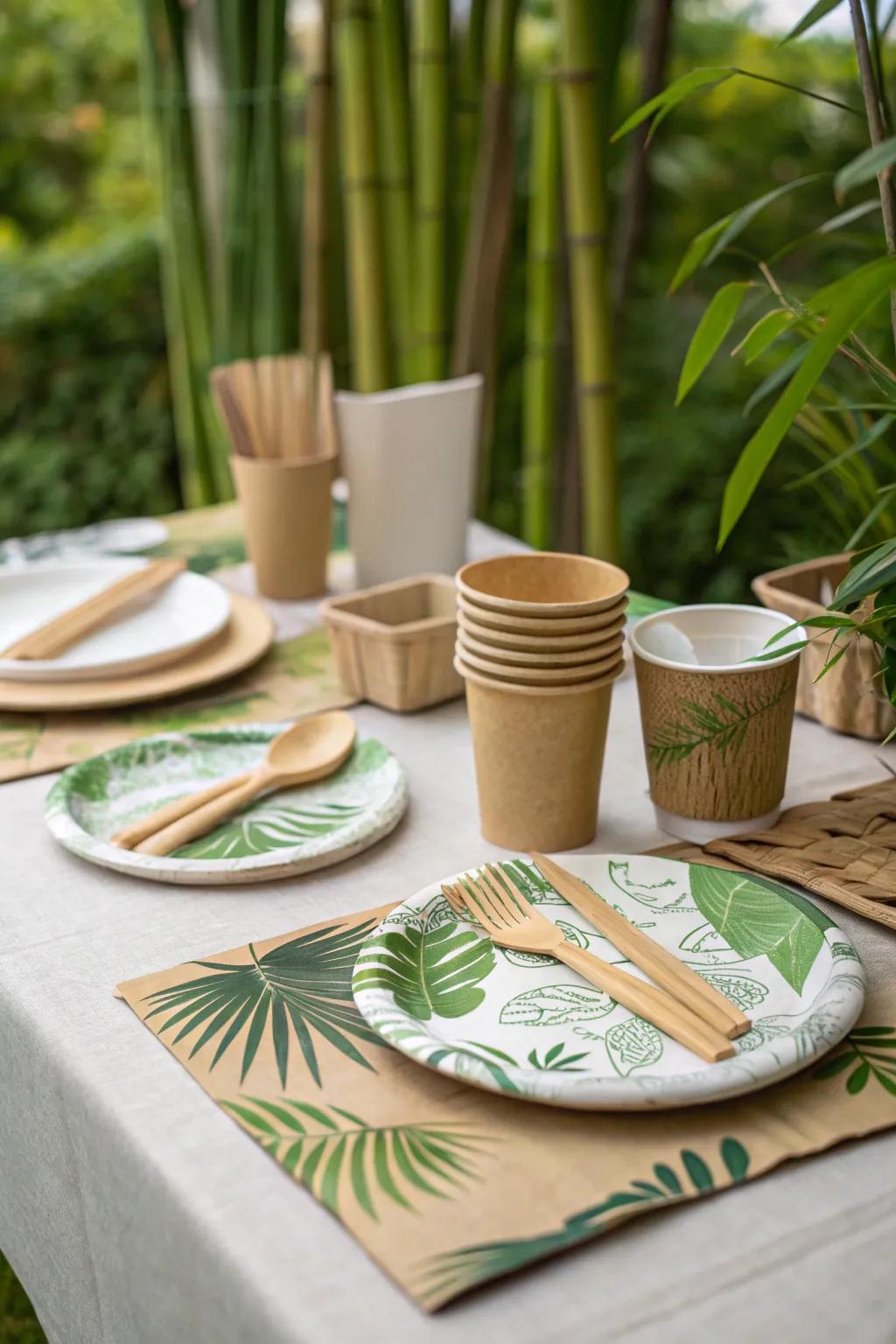 A table arrangement exhibiting earth-conscious, sustainable adornments.