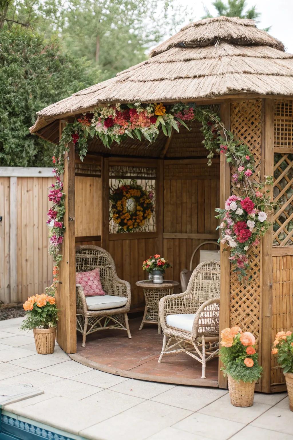 A retro cabana with charming wicker furnishings and flower accents.