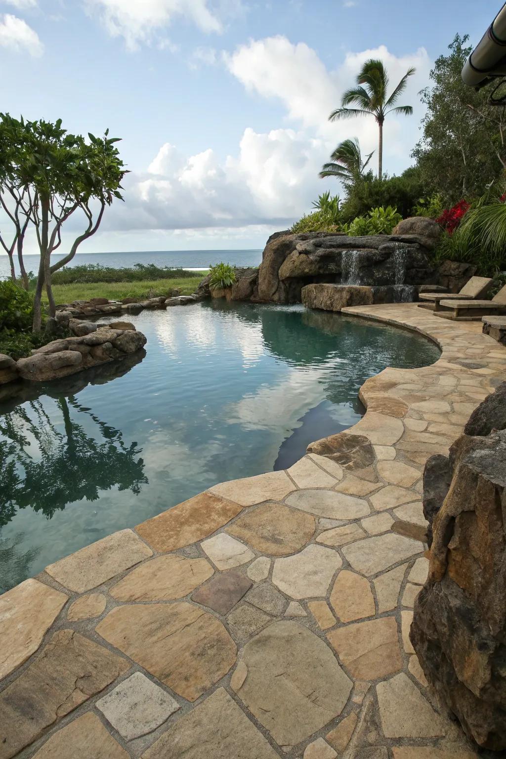 Kona stone mosaics evoke the natural beauty of volcanic landscapes.