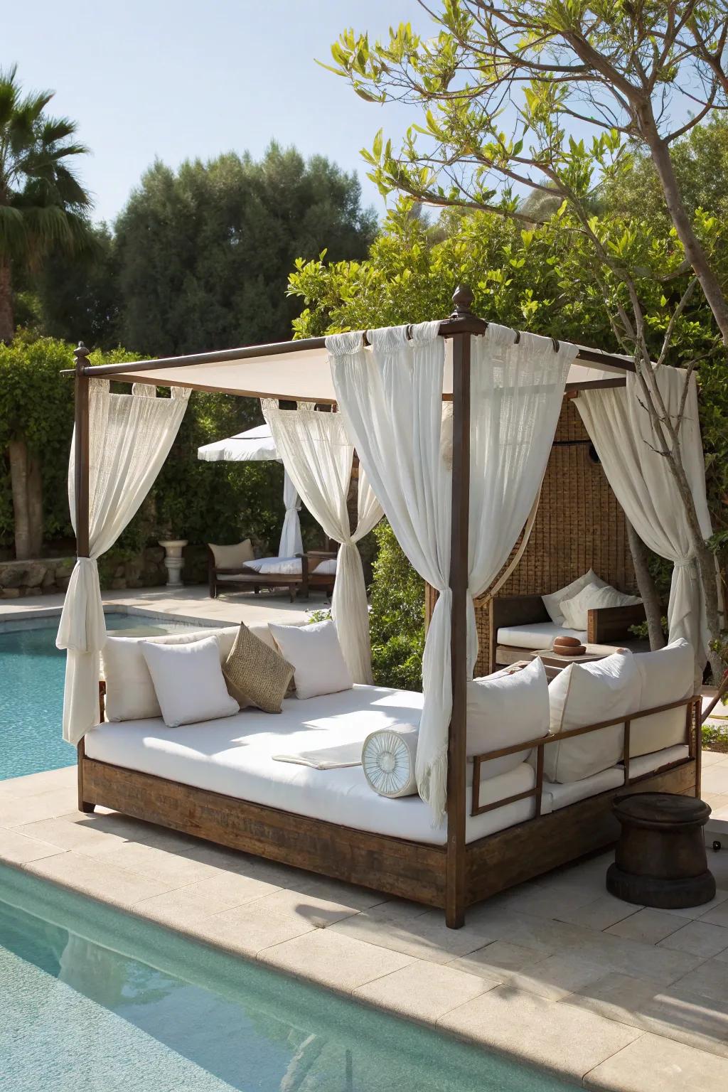Poolside beds offer a luxurious sanctuary for relaxation.
