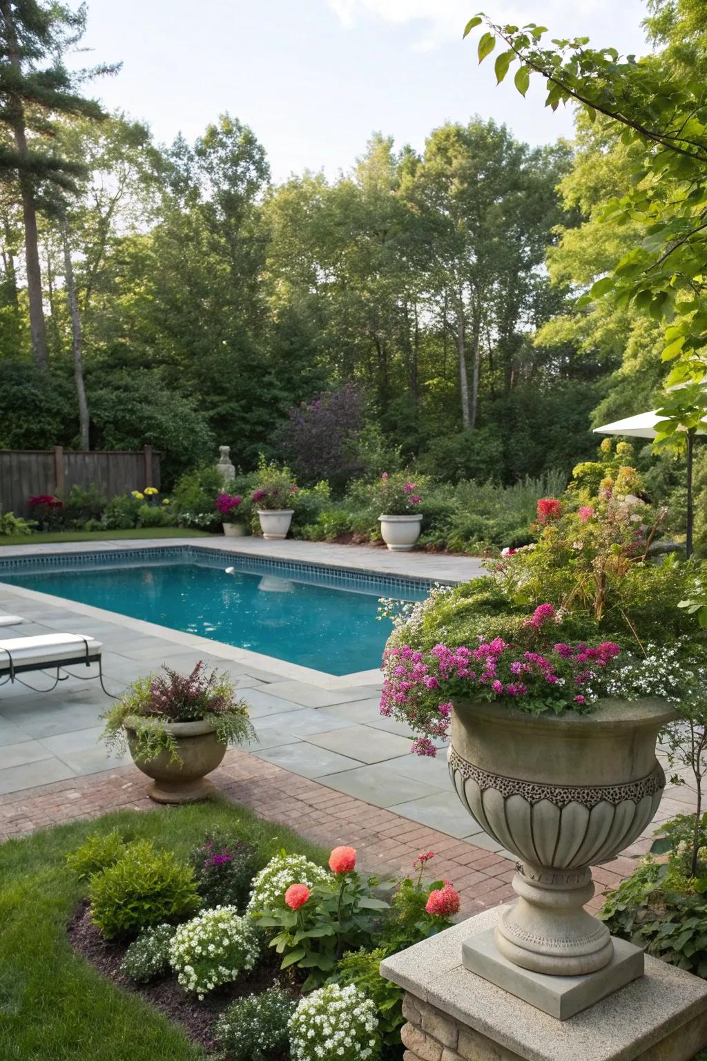 A vibrant pool area enhanced with lush plants.