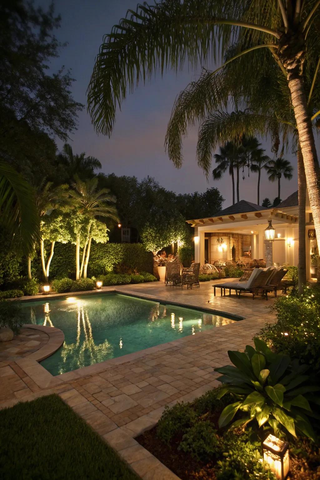 Illuminate your pool spot with graceful lighting for enchanting evenings.