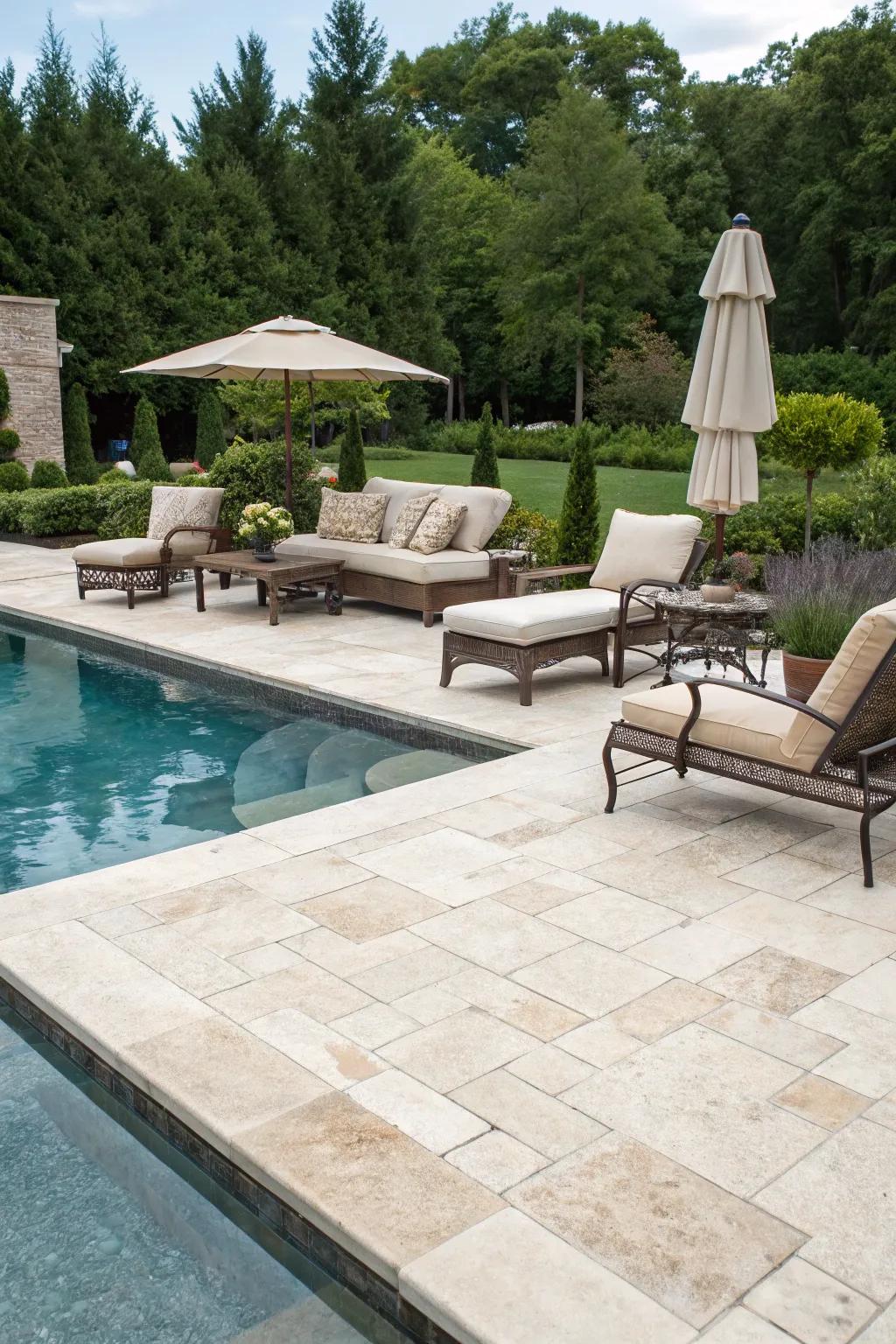 Mineral stone pavers offer a classic and cool surface for your pool deck.