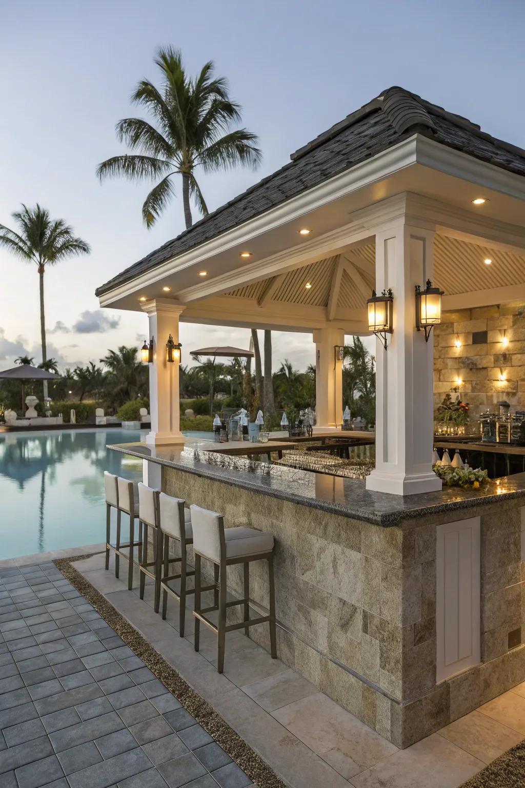 A bar sanctuary with counter seating is the ideal spot for poolside drinks and socializing.