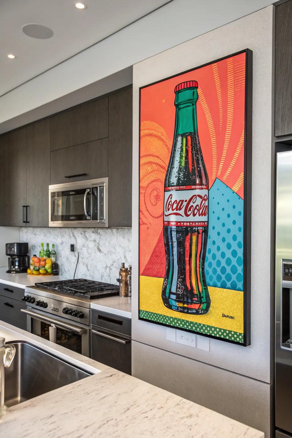 A whimsical pop art painting of a soda bottle gives the kitchen charm.
