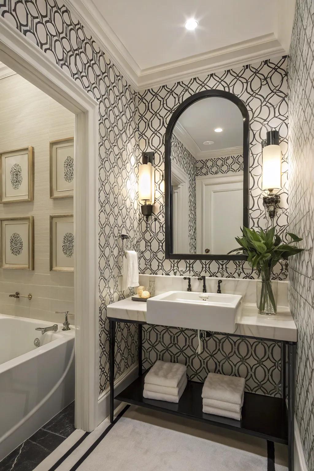 Elegant monochrome designs create a luxurious, timeless guest bath.