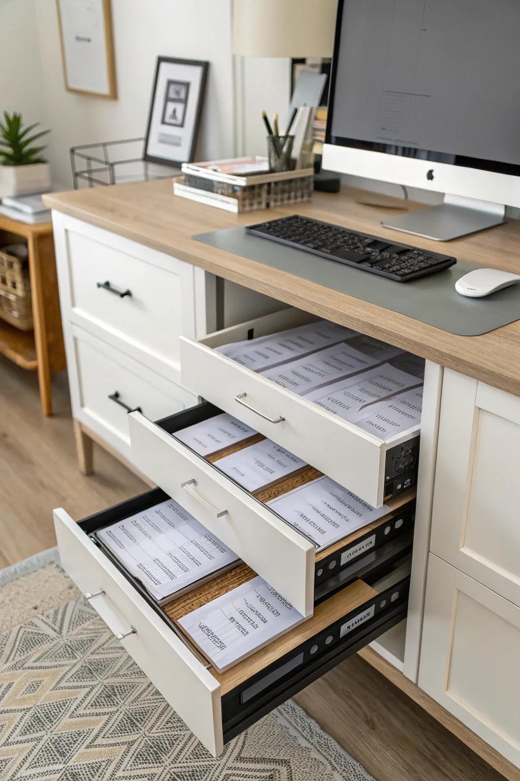 Under-desk drawers keep paper out of sight but easily accessible.