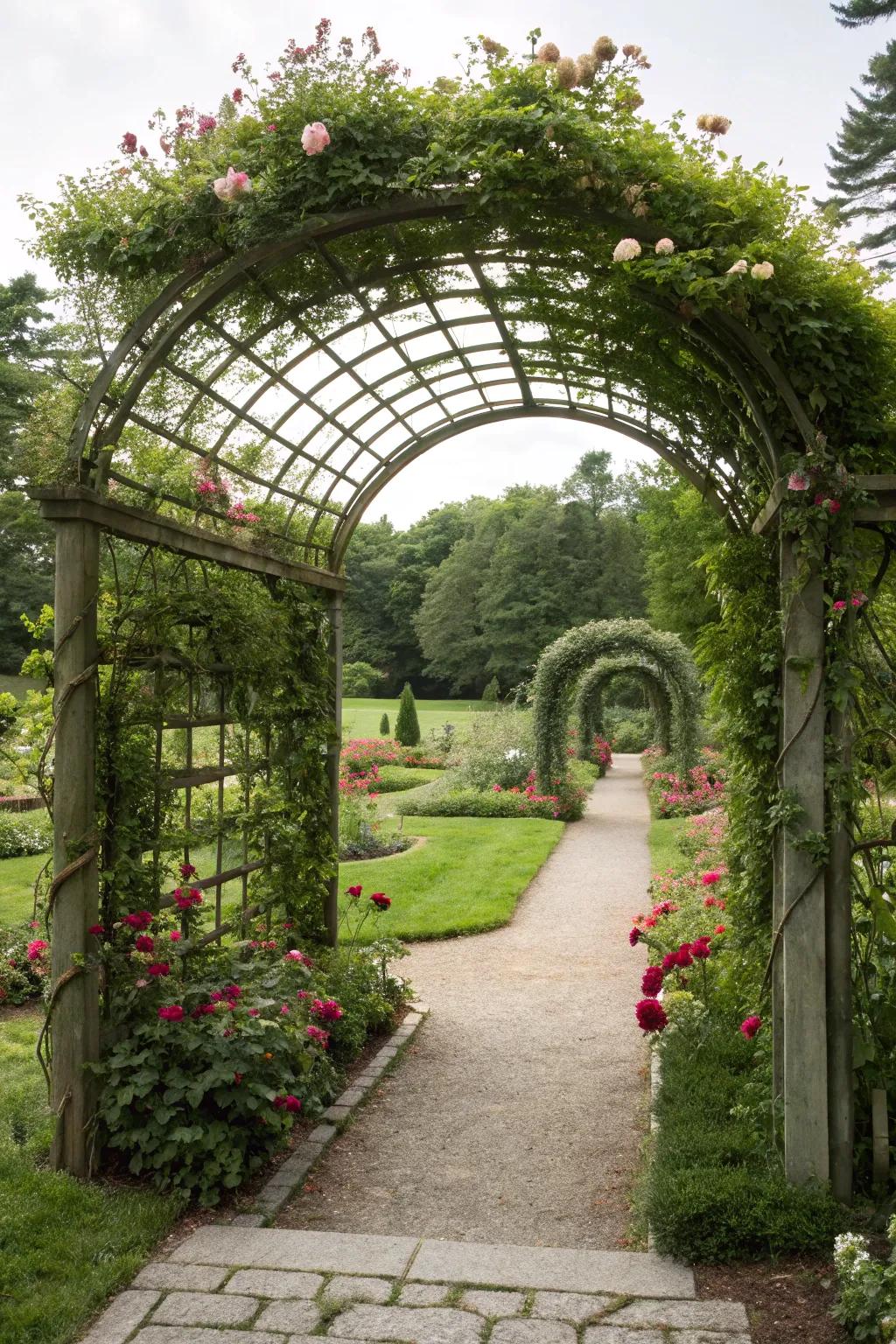 Frame your garden entrance with an impressive arched gateway trellis.