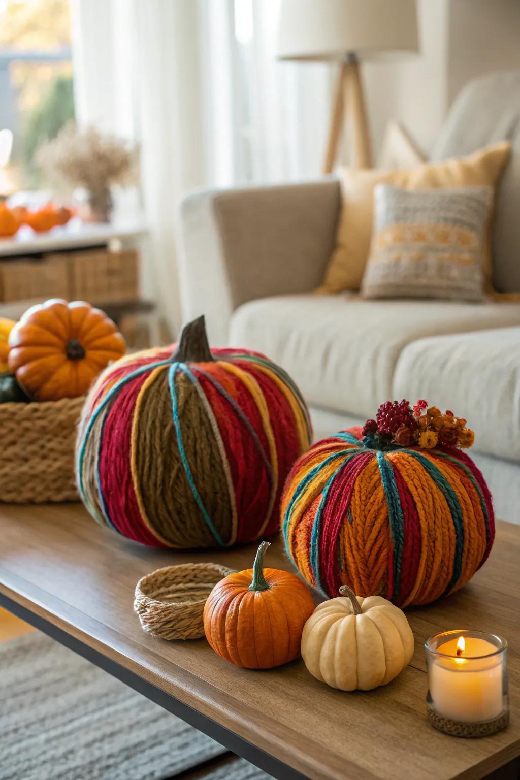 Yarn-cocooned pumpkins adding warmth and texture.