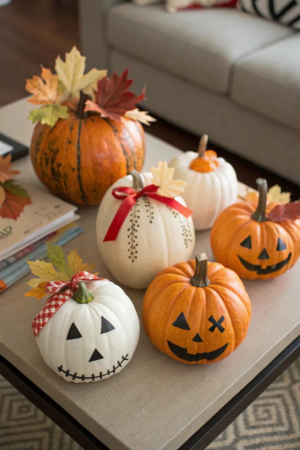 Elevate decor with delightful diminutive decorated pumpkins.