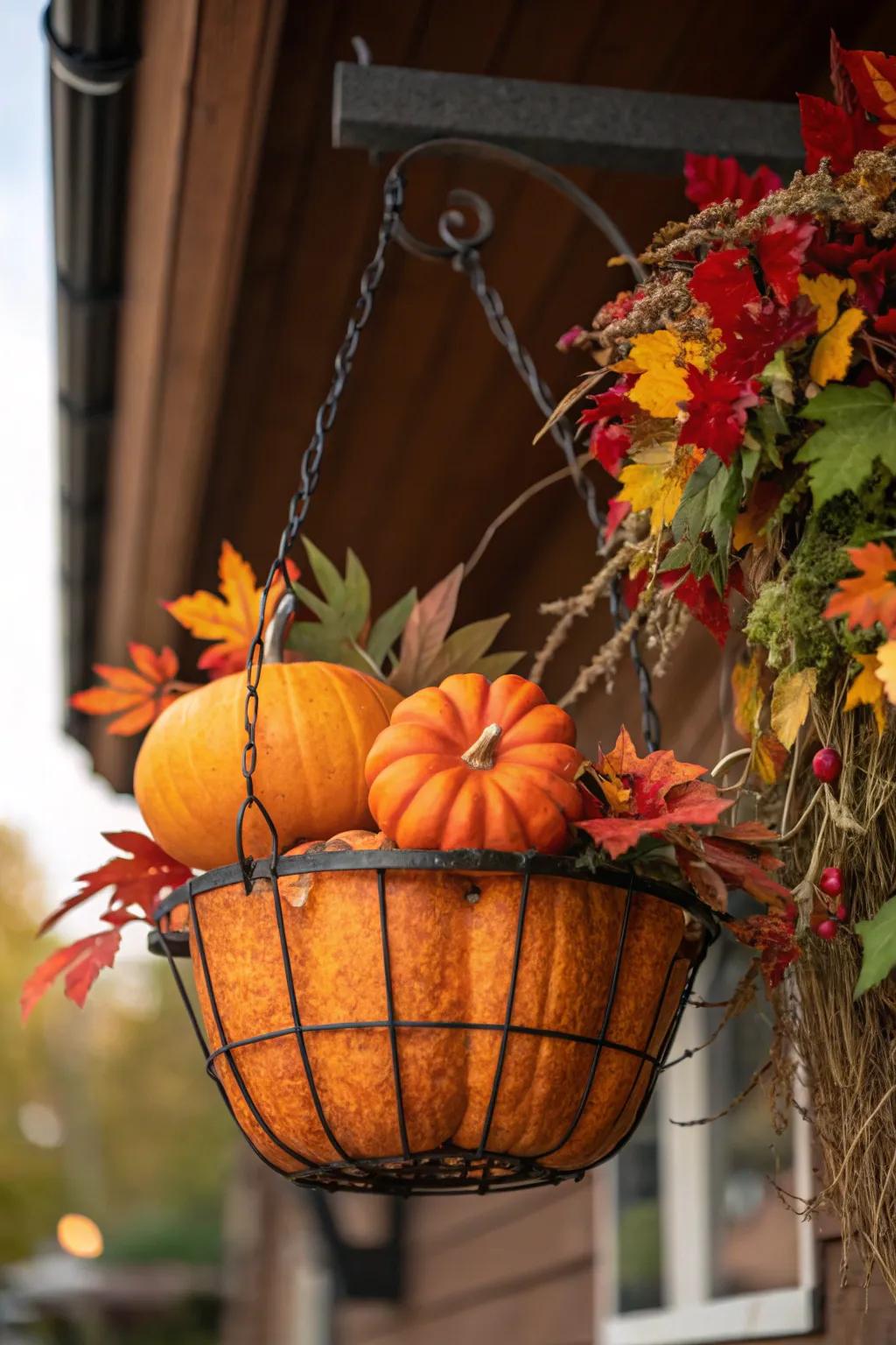 An autumn-inspired hanging display featuring tiny pumpkins.