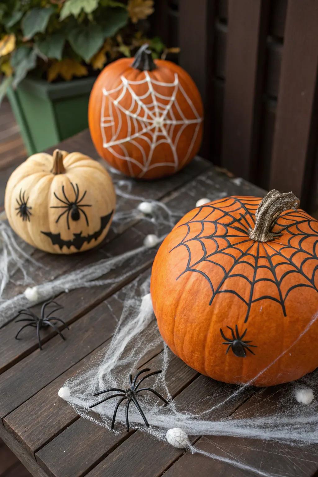 Embrace the Halloween atmosphere with creepy spiderweb pumpkins.