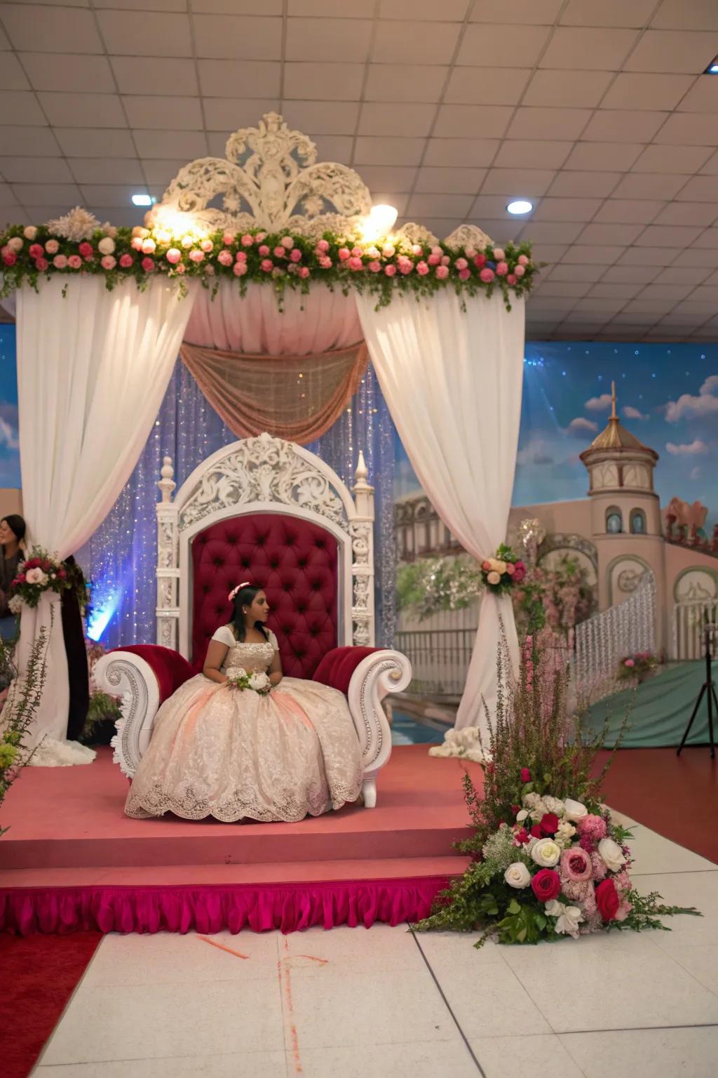 An embellished throne ensures the guest of honor feels singularly important.