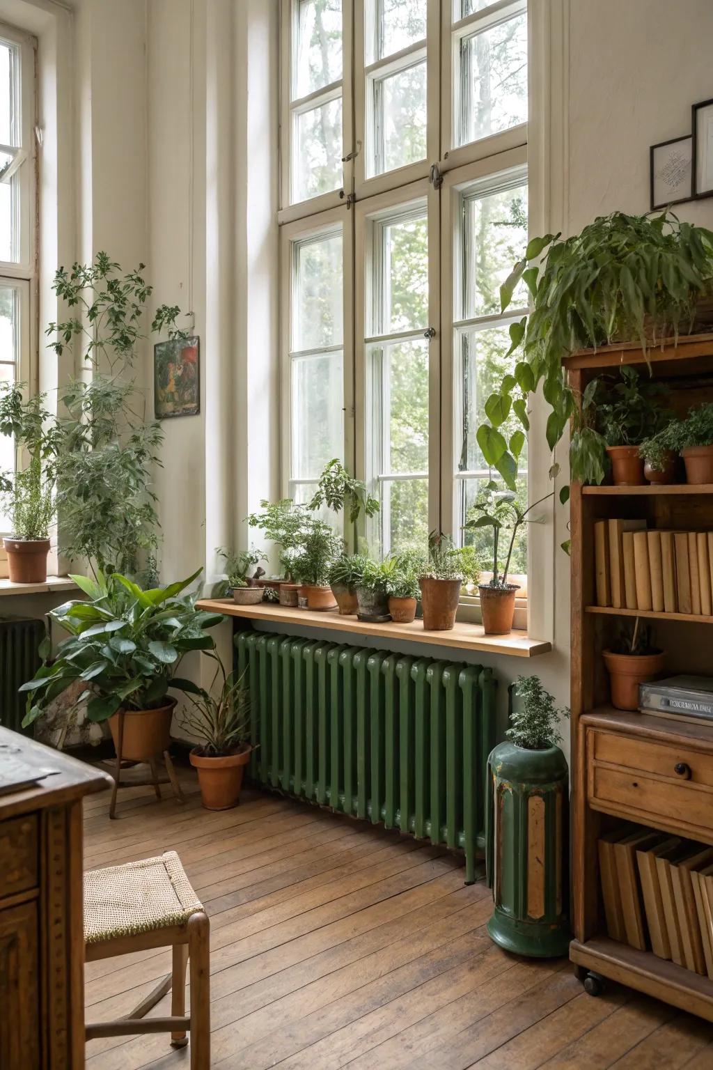 Woodland moss radiators evoke natural serenity.