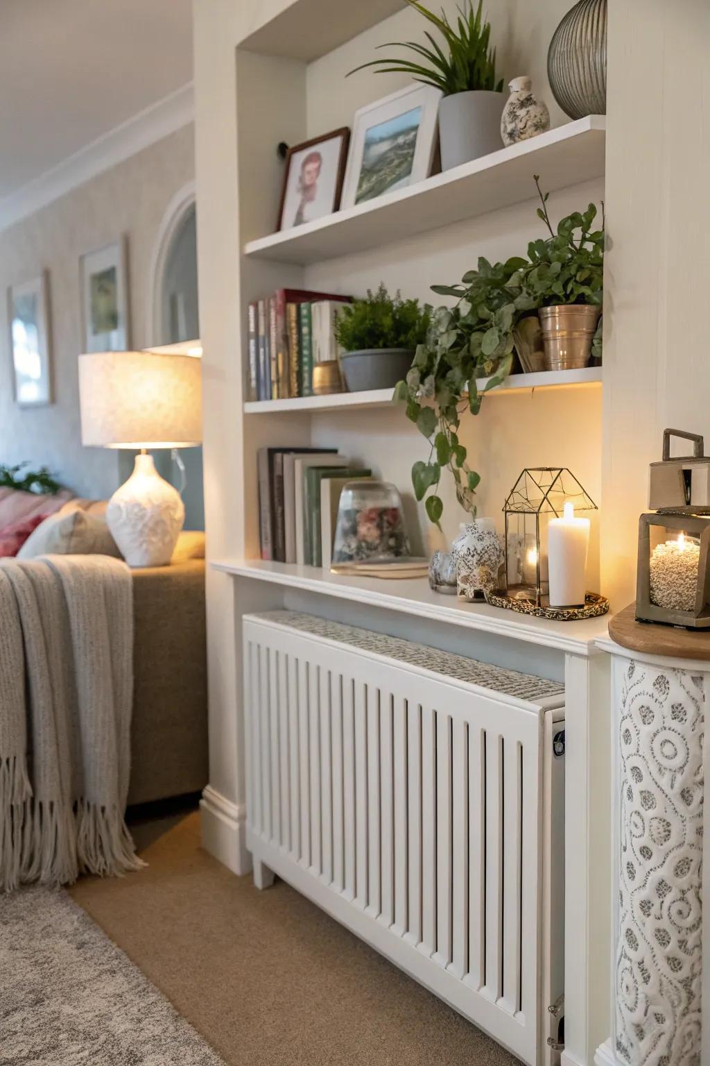 Achieve harmony by carefully coordinating your radiator shelf with your room's colors.