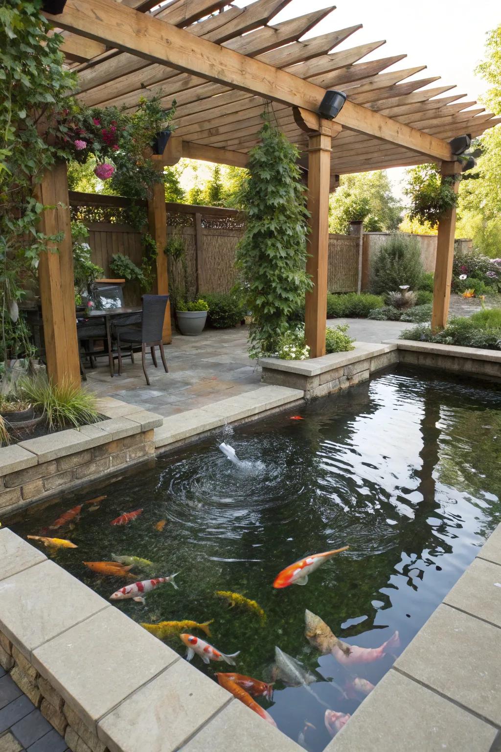 A shaded sanctuary revealing a pergola over a raised koi pond.