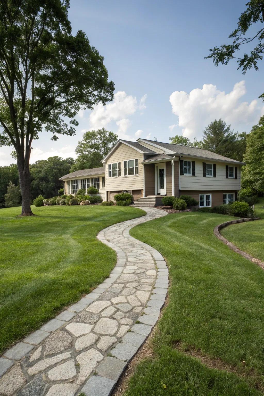 An artful stone pathway leading to the welcoming entrance of a raised ranch.