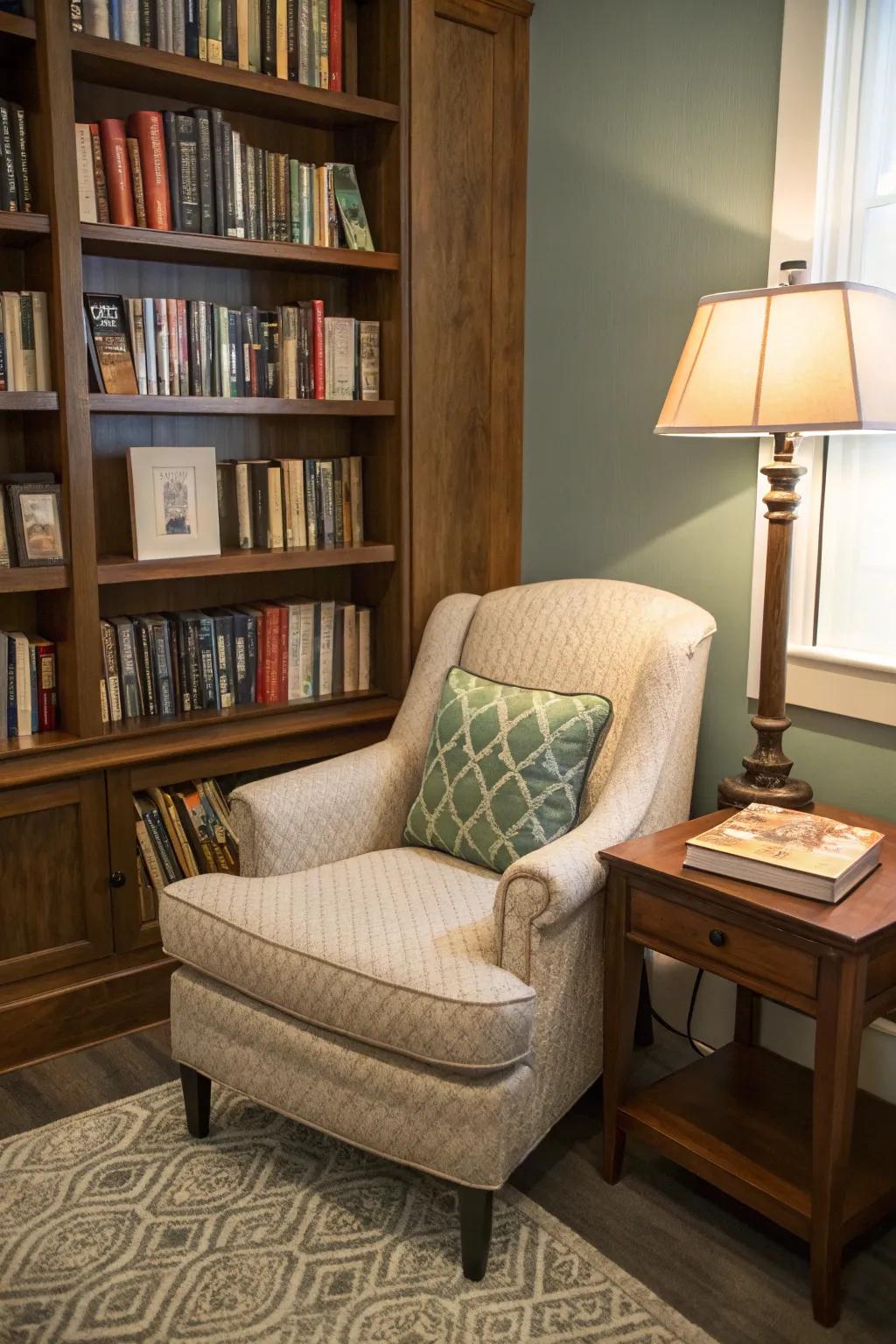 A small corner reimagined as a cozy reading nook.