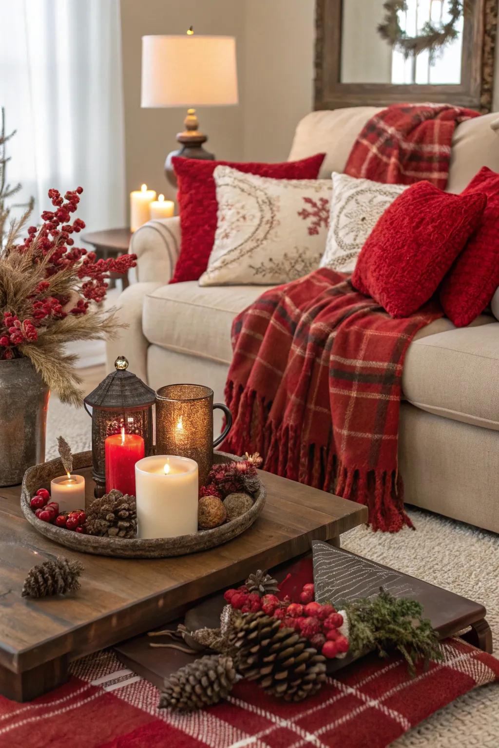 Seasonal ornamentation applying scarlet and chestnut accents maintains the space fresh.