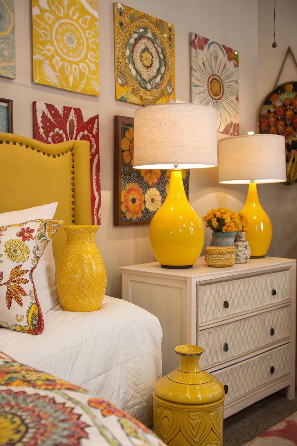 Gold accents such as vases and lamps impart energy and vibrancy into the bedroom.