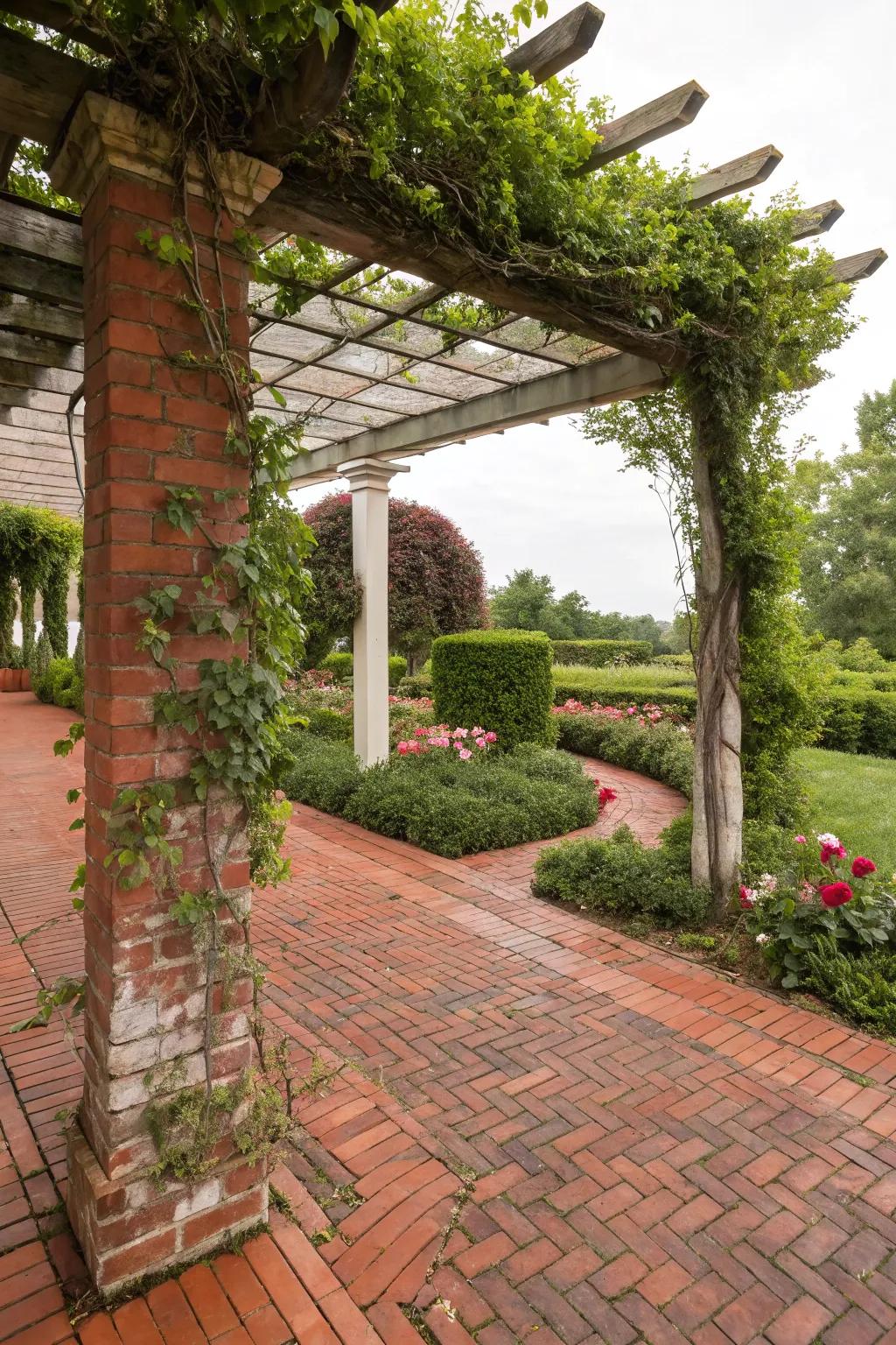 A red brick patio with an enchanting pergola covered in greenery
