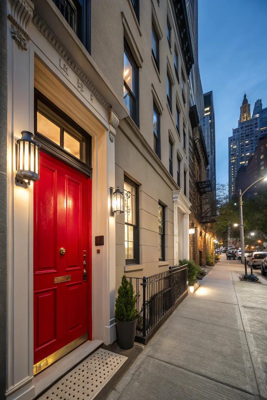 Urban townhouse with a sleek crimson door, epitomizing sophistication.