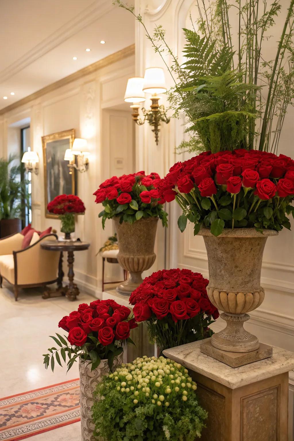 Natural elements, like rouge roses and greenery, enhance the room's theme.