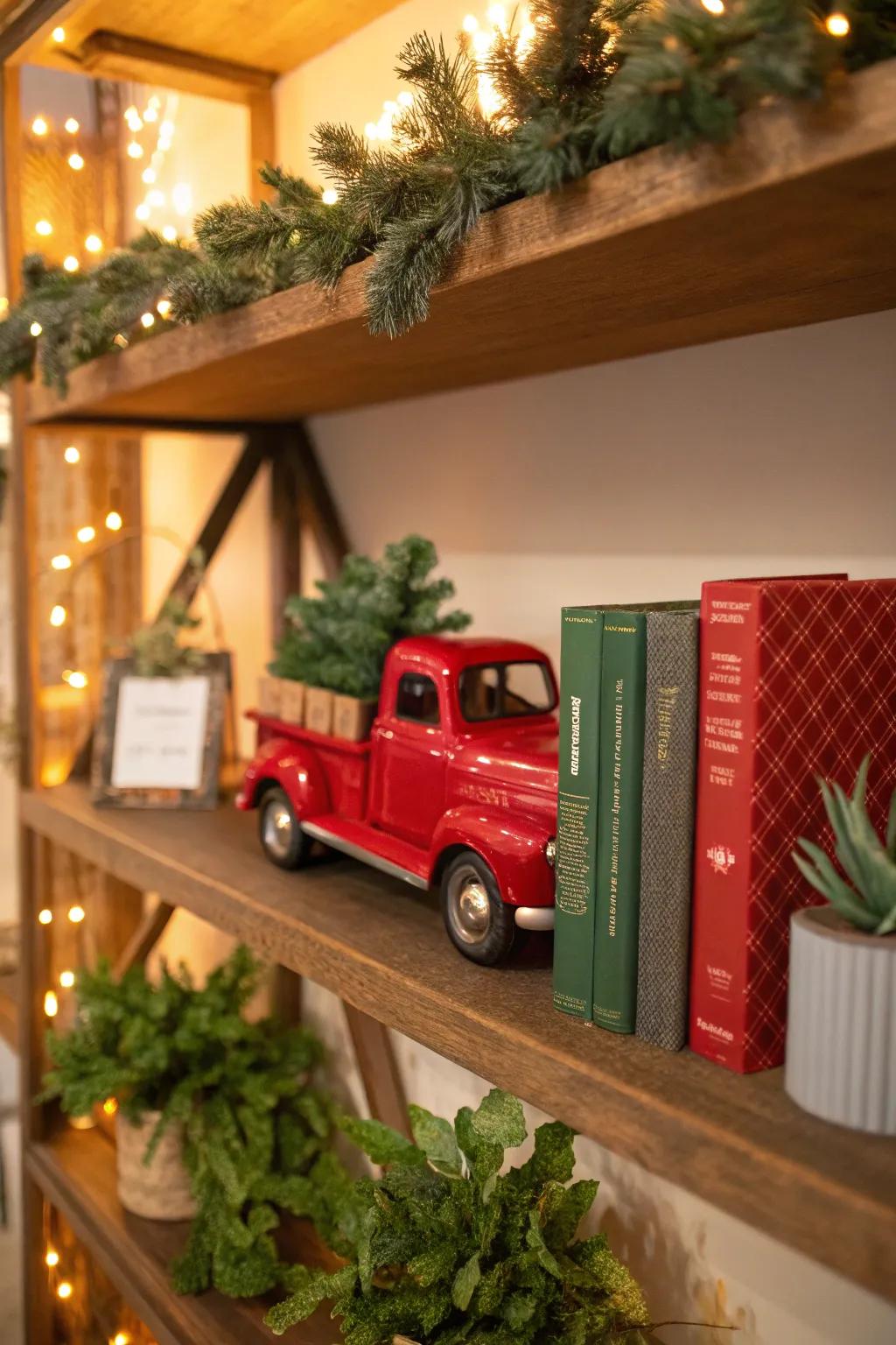 An inviting shelf arrangement featuring a crimson pickup and celebratory touches.