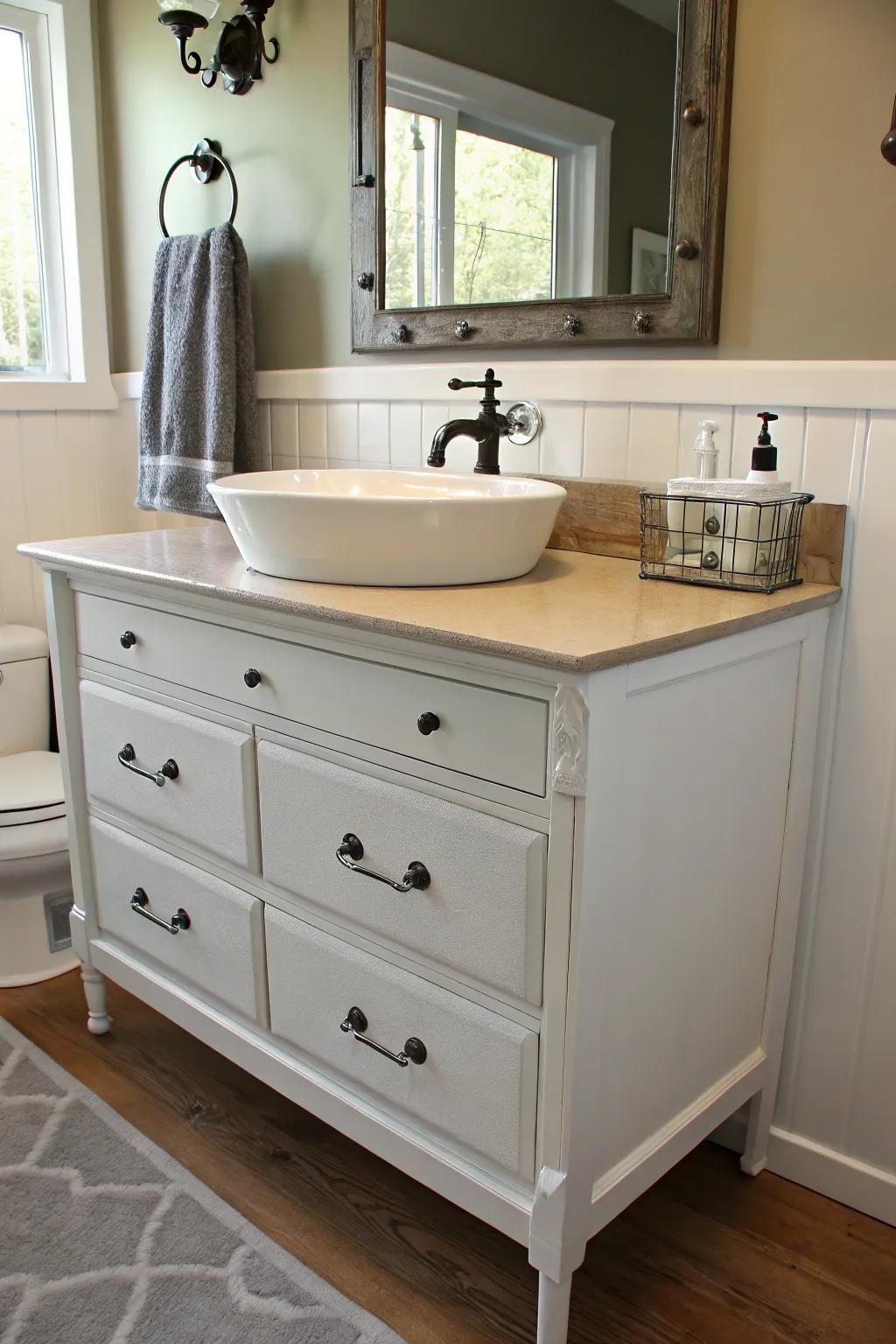 A repurposed dresser dressing table brings charm and practicality.