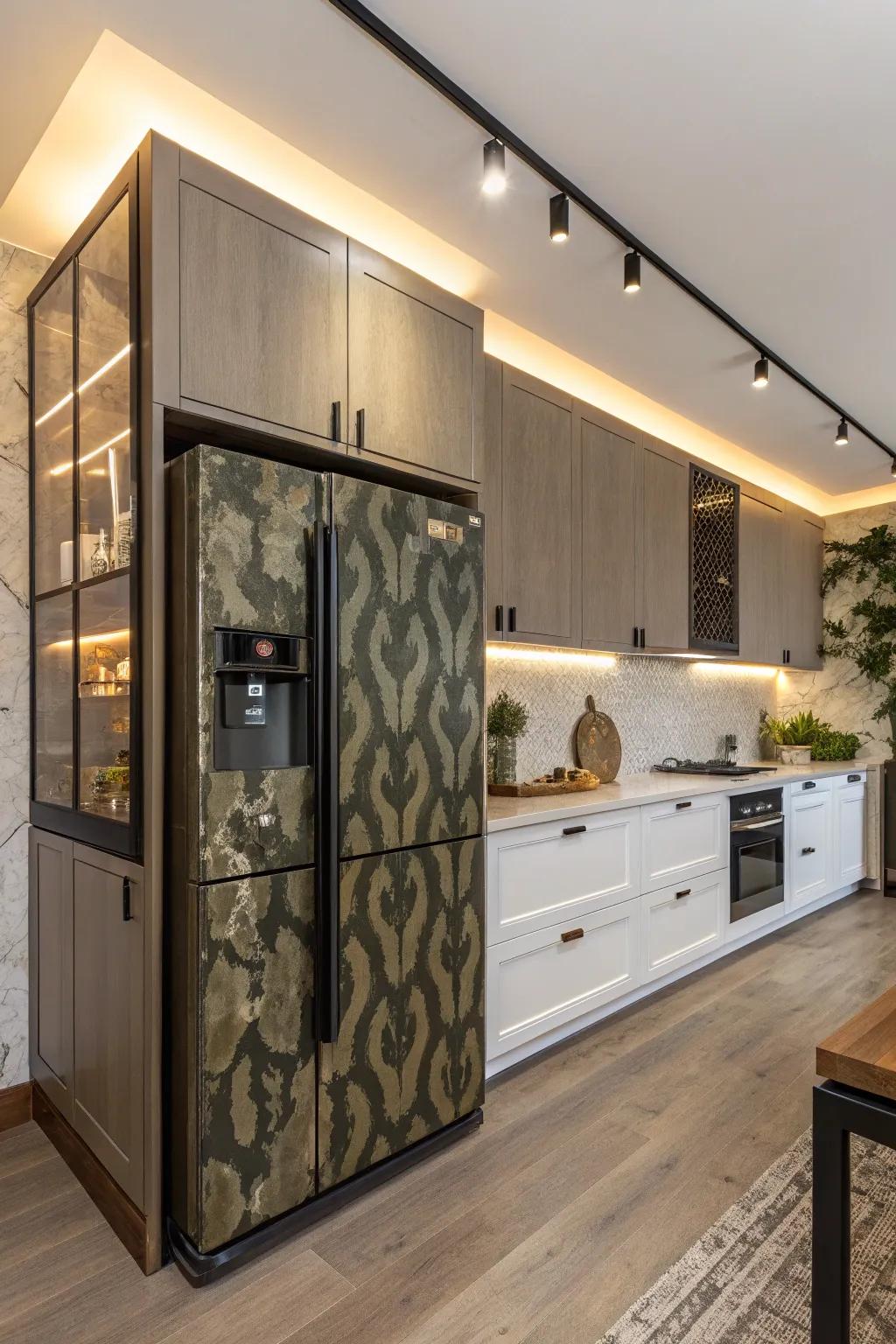 A disguised refrigerator blends seamlessly into the kitchen cabinetry.