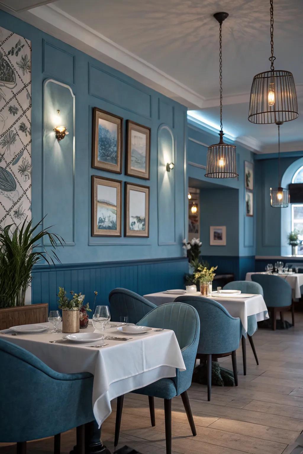 A calming restaurant interior, where tranquil blues evoke a sense of serenity.