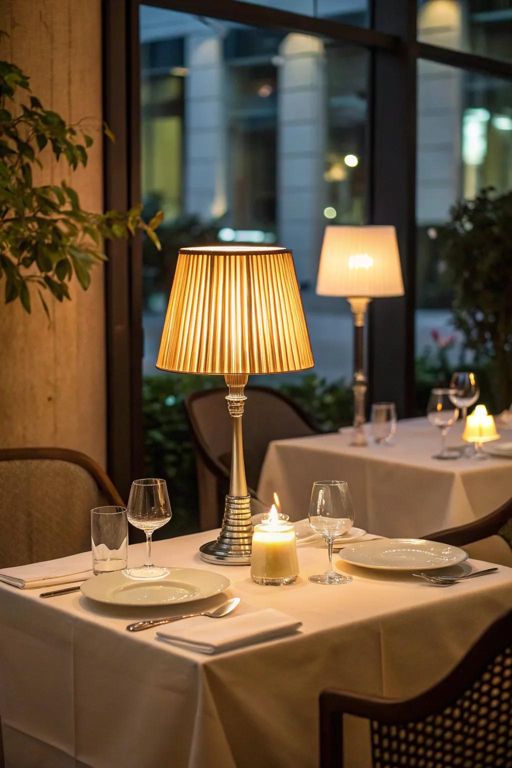 An LED table lamp, emulating candlelight, enhances an intimate restaurant table setting.