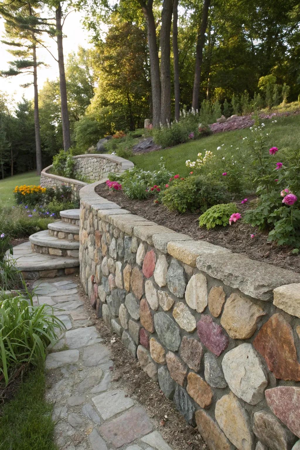 Walls with a stone mosaic add a playful, vibrant element to any landscape.