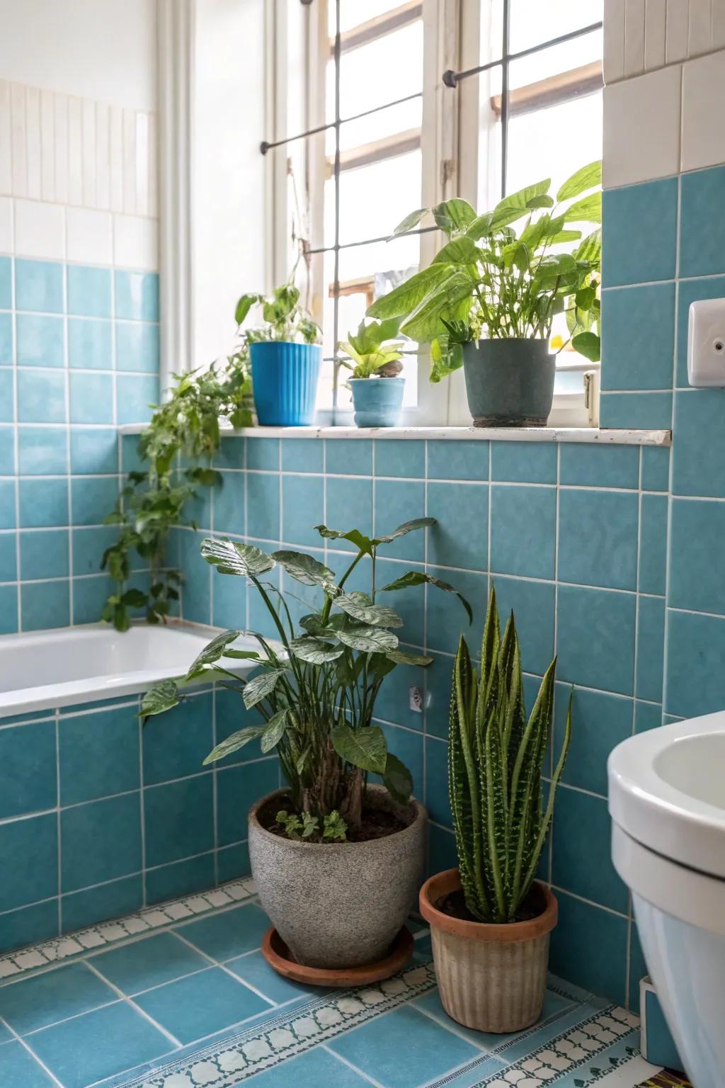 Plants bringing natural beauty into the retro bathroom.