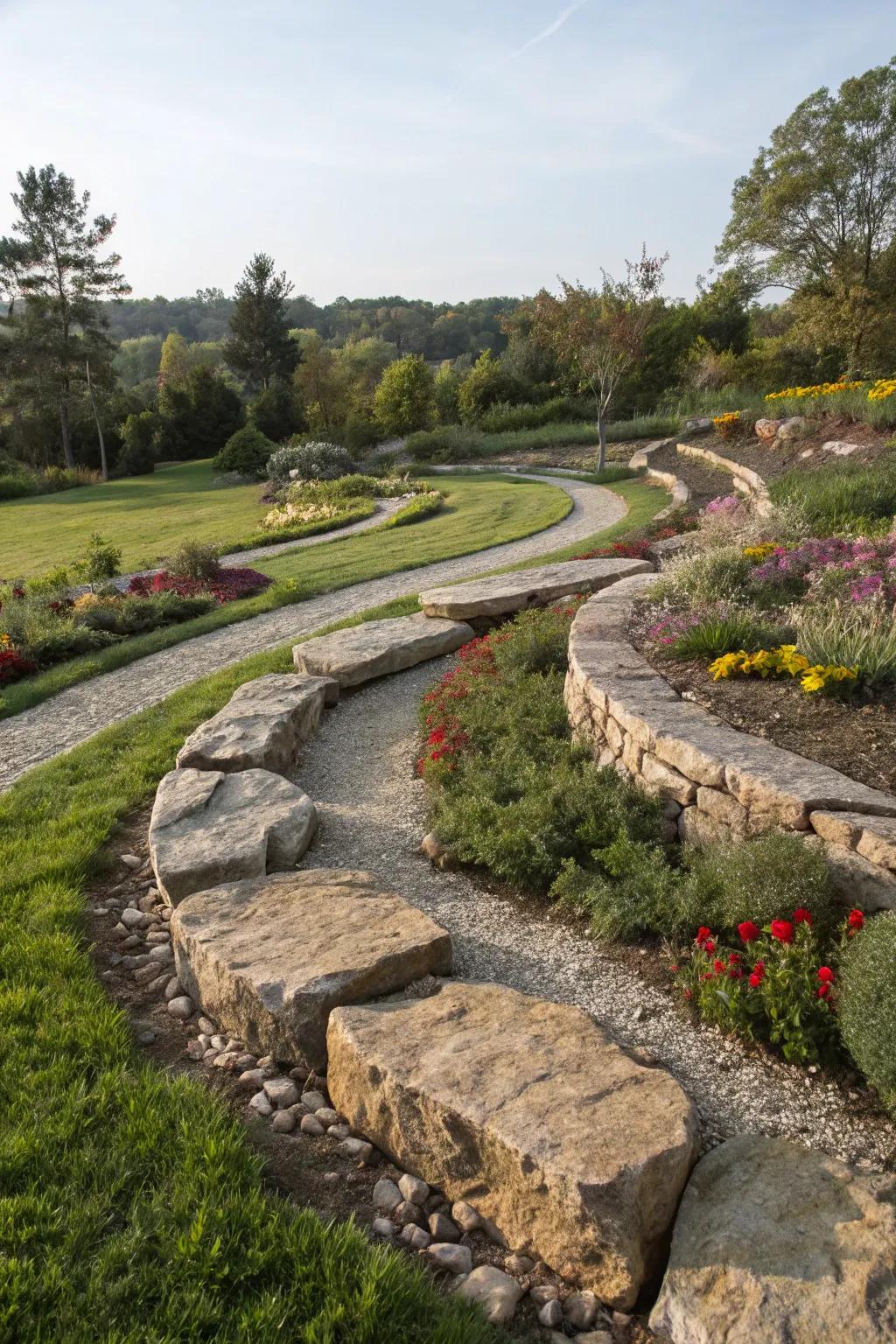 Curved rock borders bring a whimsical element to a garden landscape.
