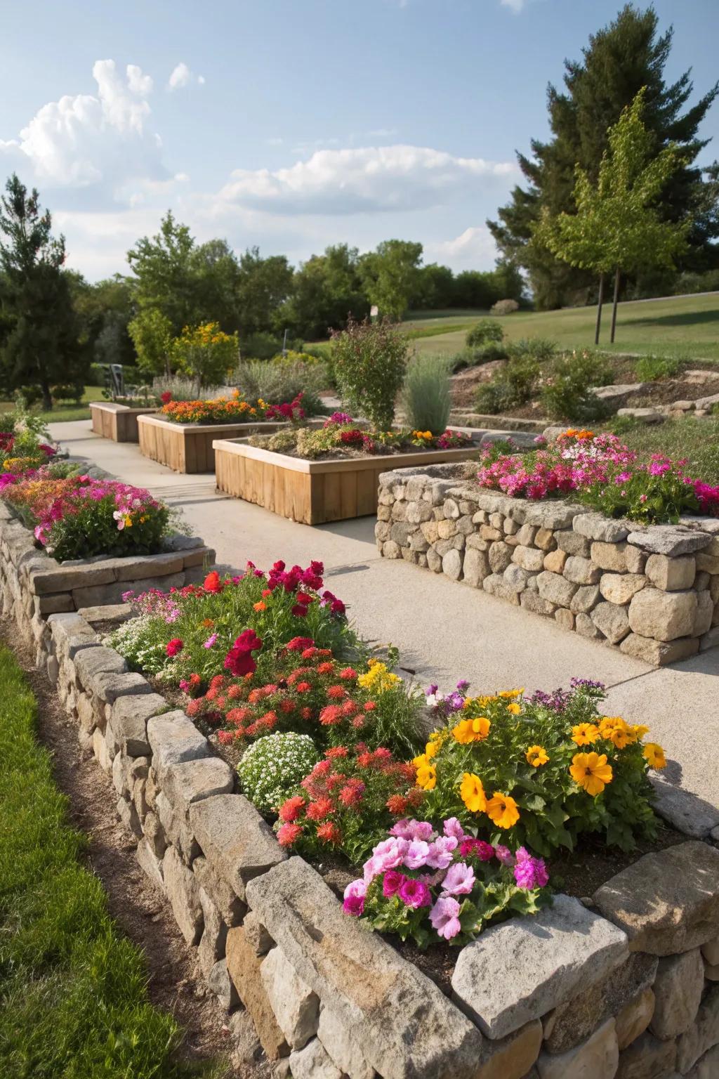 Elevated garden beds with stone structures elevate your flowers beautifully.