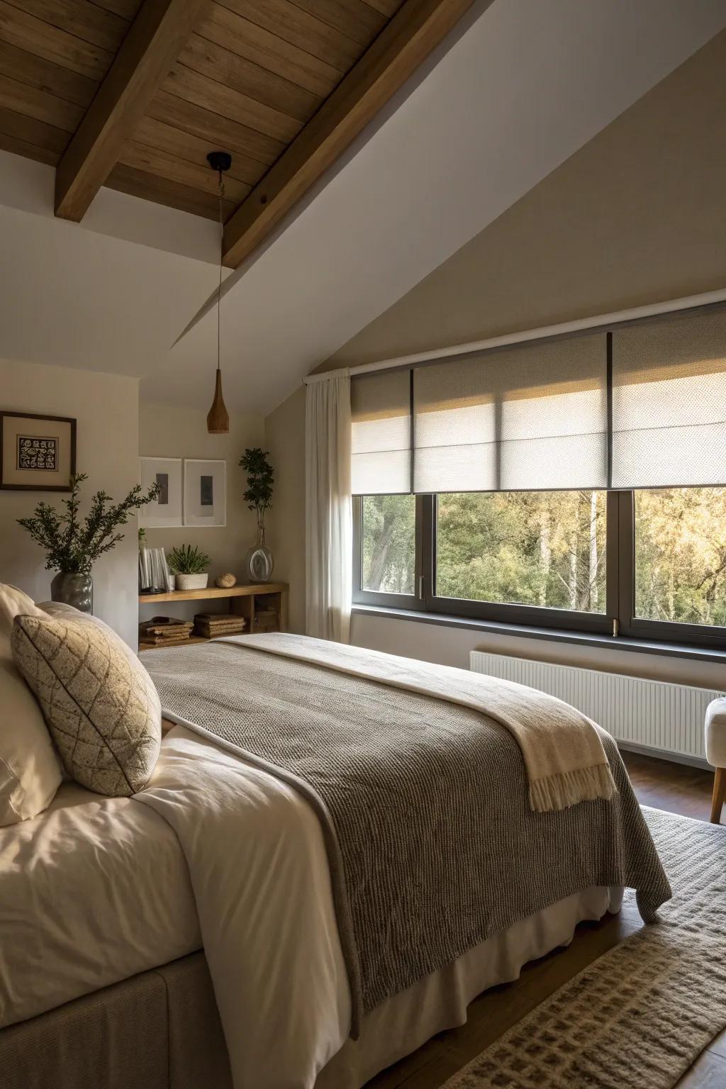 Blackout shades create a serene, restful environment.