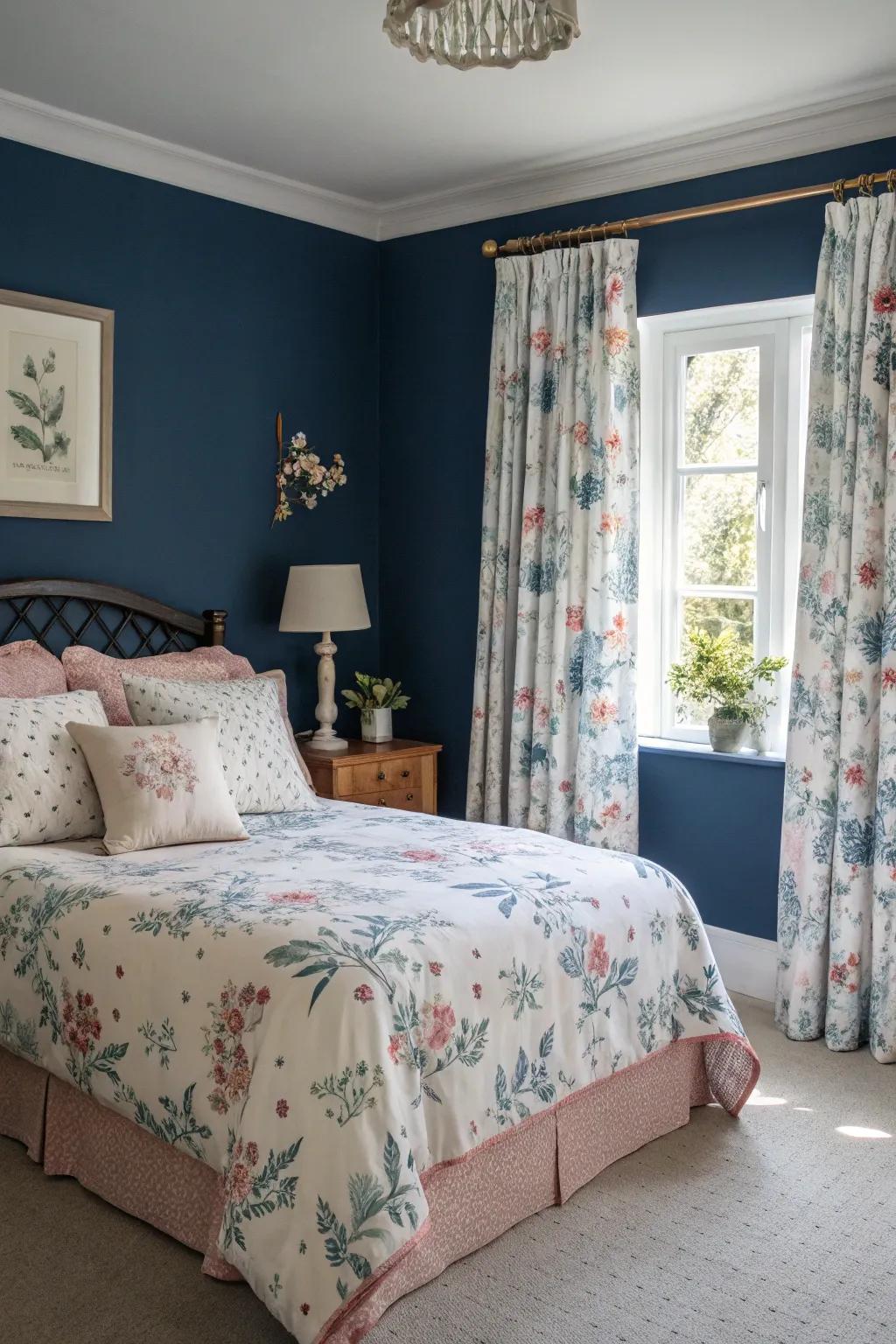 Botanical designs inject romance and whimsy into deep sea blue decor.