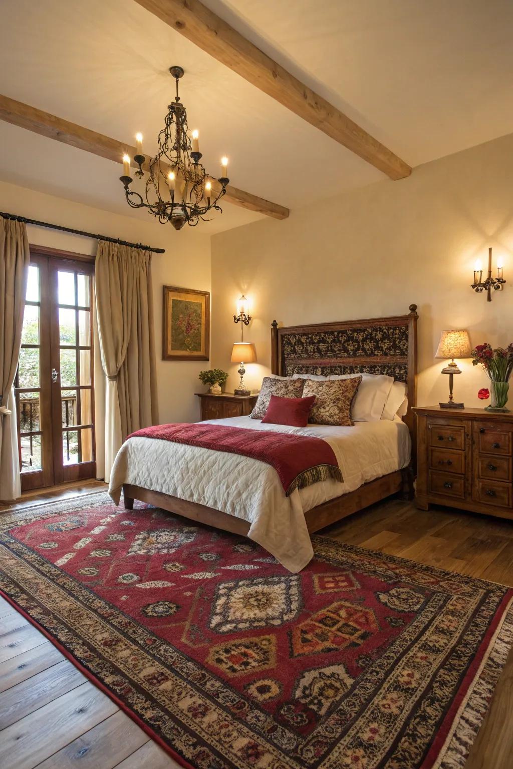 A plush floor covering contributes comfort and completes the luxurious aesthetic of this bedroom.