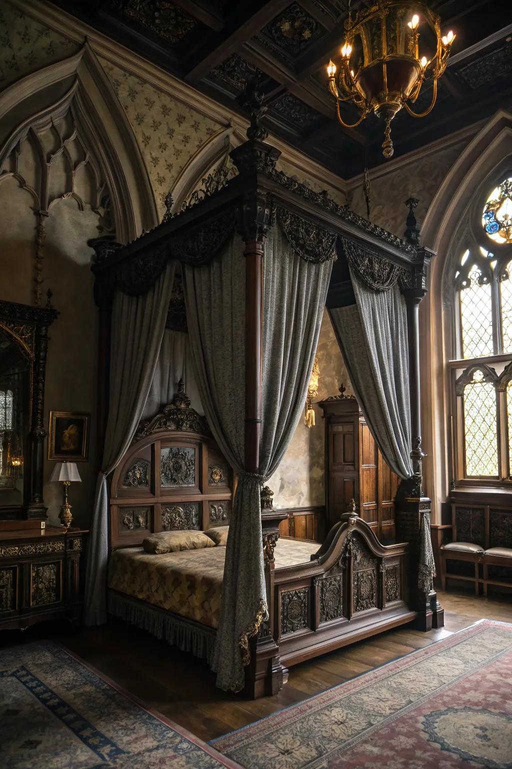 A canopy bed with flowing drapes exudes romance and mystery.