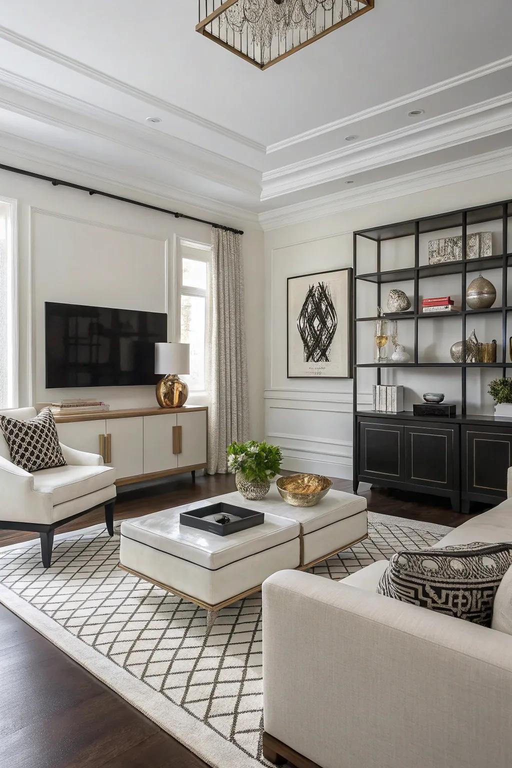 A minimalist living room featuring striking contrasts and sleek style, crafting a space of refined beauty.