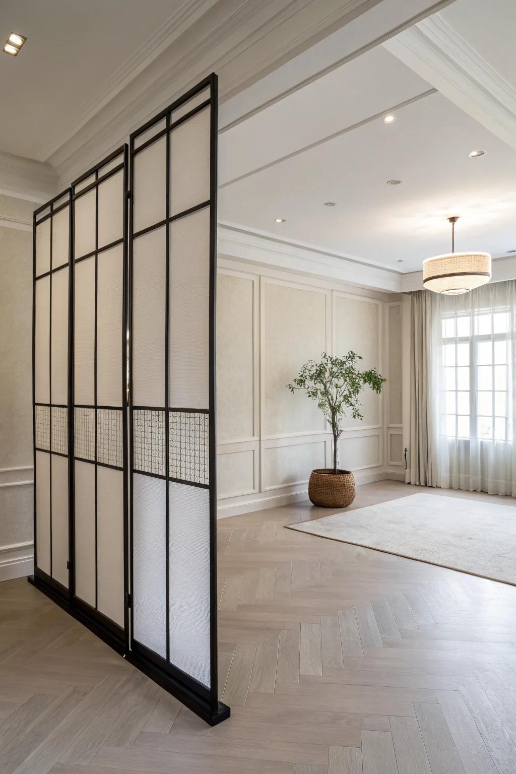 A minimalist room featuring a sleek low wall divider with sharp lines.