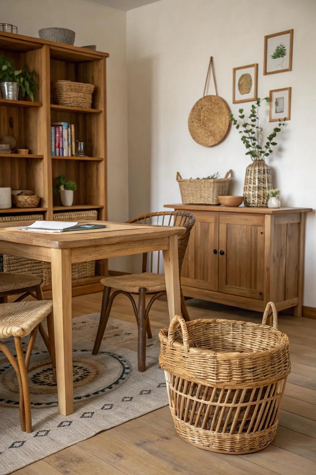 Natural materials enrich the interior with warmth and uniqueness.