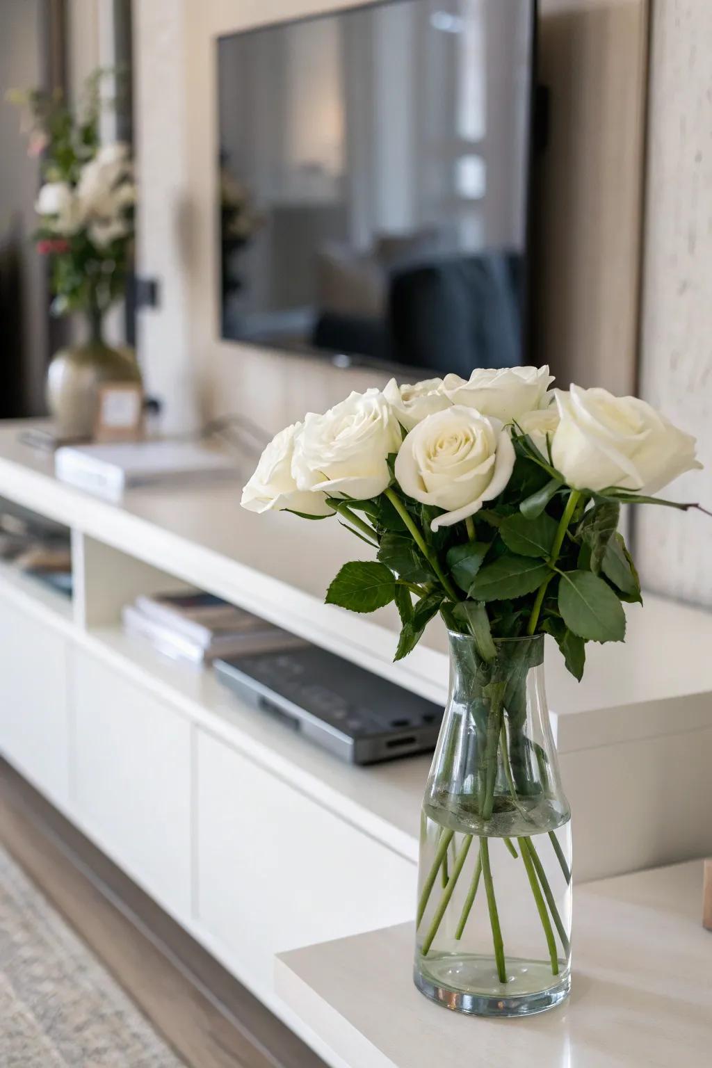 Serenity featuring minimalist snow-white roses inside a see-through vase.