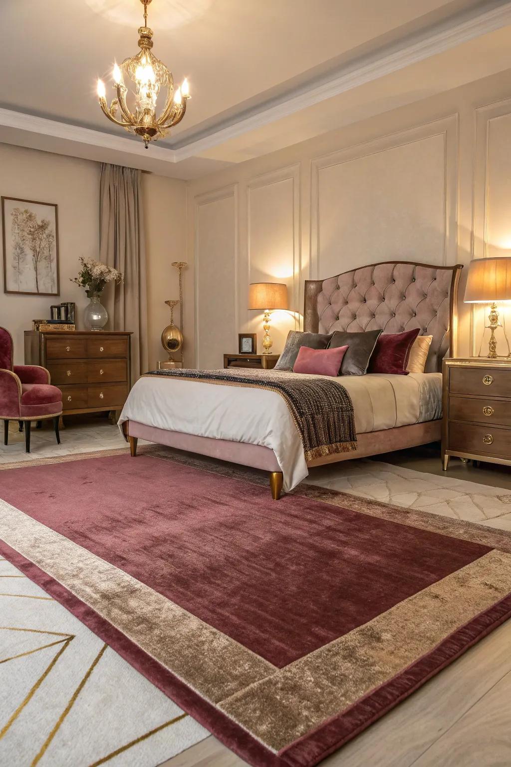 A wine-dark and petal metal carpet supports the area and includes comfy structure.