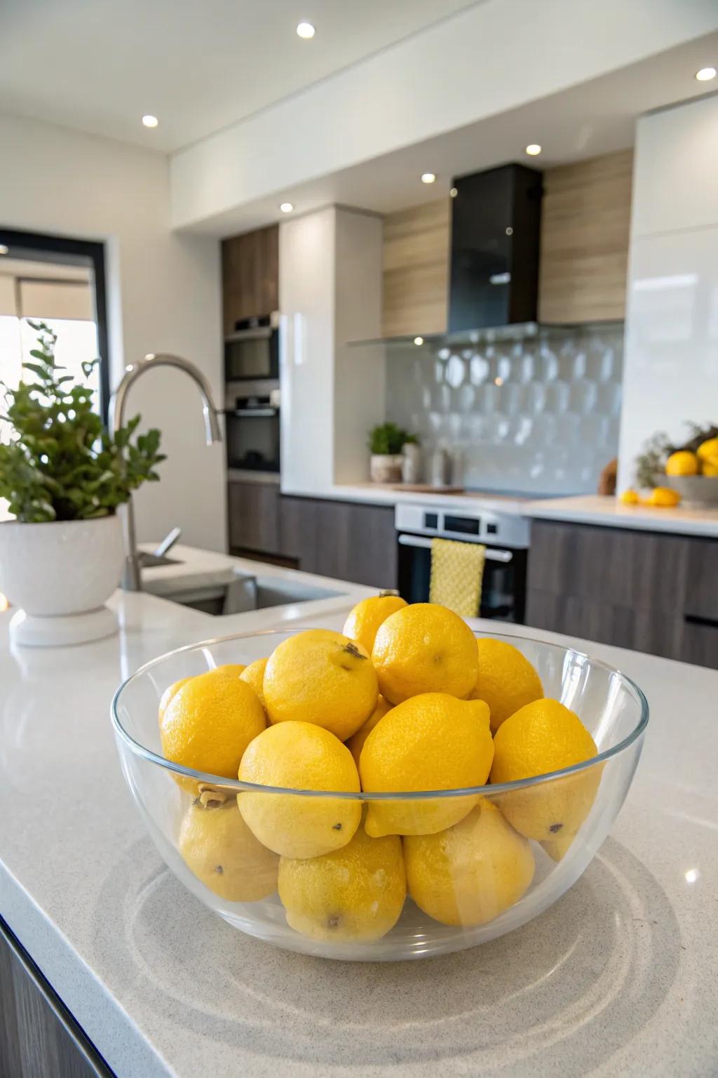 Citrus fruits contained within a glass bowl insert a revitalizing and vibrant burst into your cooking space.